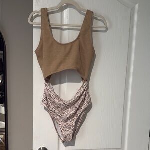 Brown and White Two-Piece Swimsuit